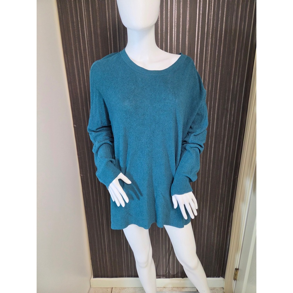 Eileen Fisher Teal Blue Linen Blend Knit Sweater Large Oversized Italian Yarn
